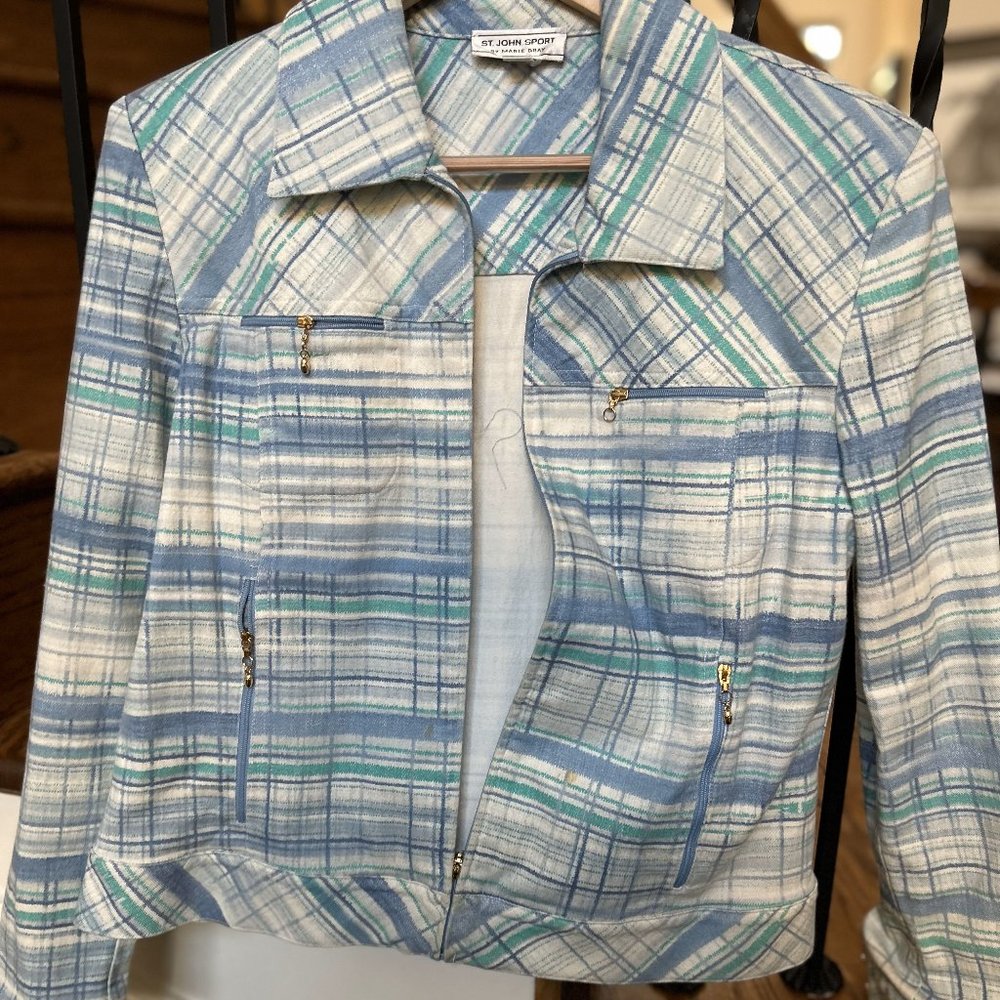 Blue Checkered Zipper Jacket by St. John Sport by Marie Gray in Size Large